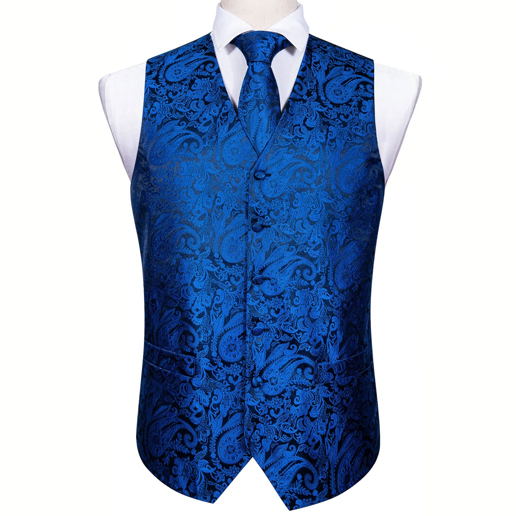 Klein Blue Paisley Jacquard Silk Men's Vest Hanky Cufflinks Tie Set