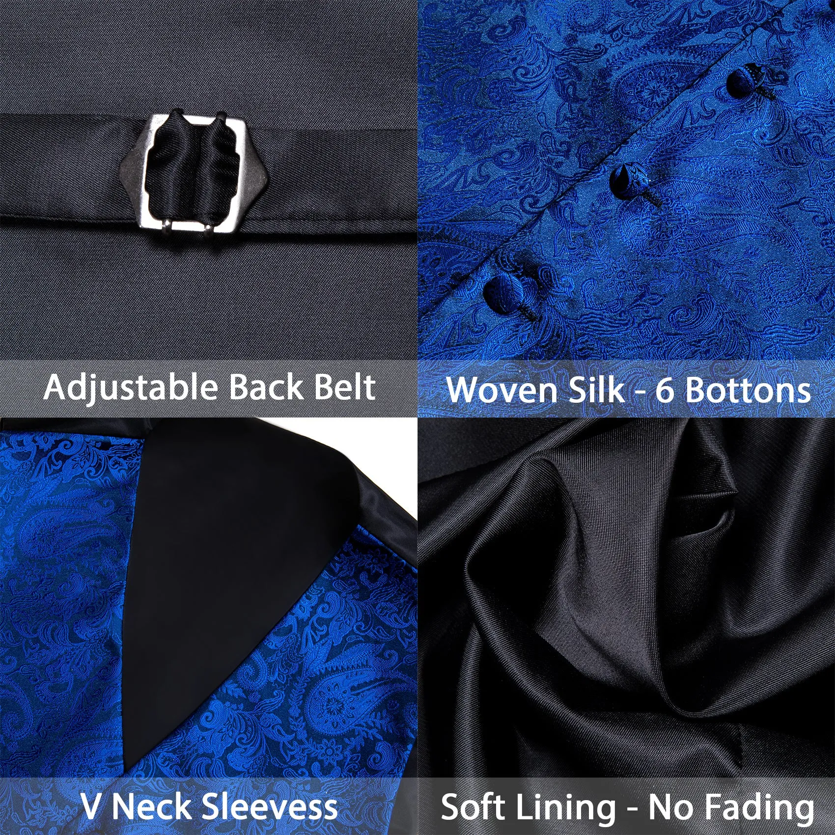 Klein Blue Paisley Jacquard Silk Men's Vest Hanky Cufflinks Tie Set