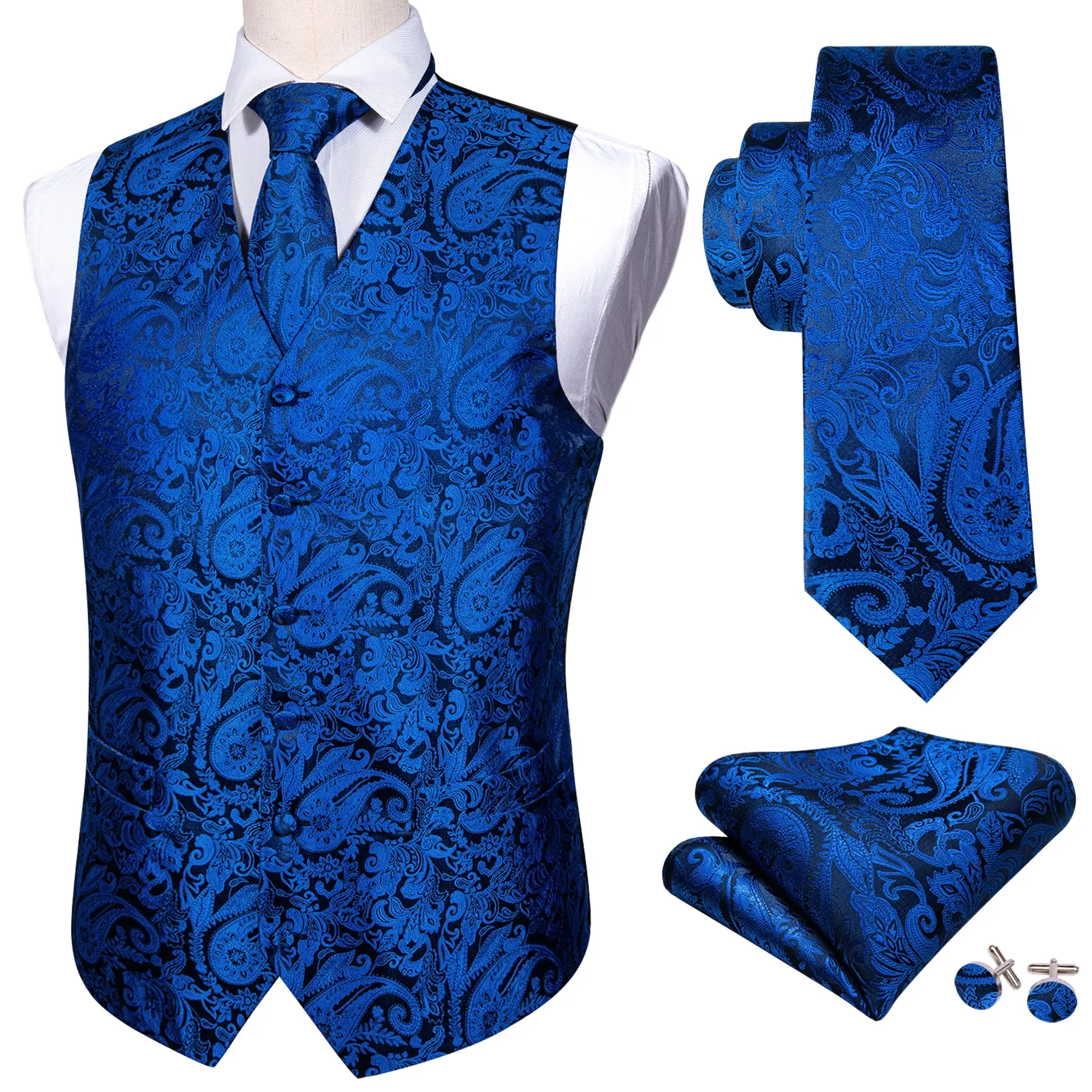 Klein Blue Paisley Jacquard Silk Men's Vest Hanky Cufflinks Tie Set