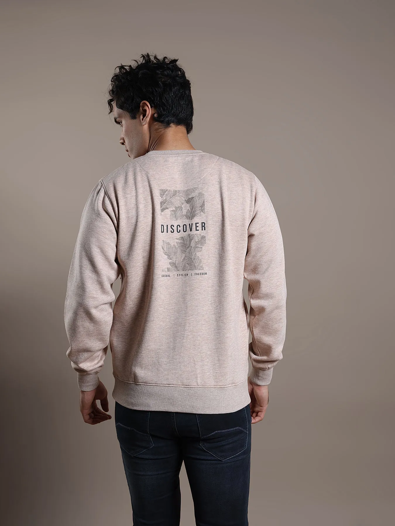 Knitted Beige Printed Regular Fit Full Sleeve Casual Sweatshirt