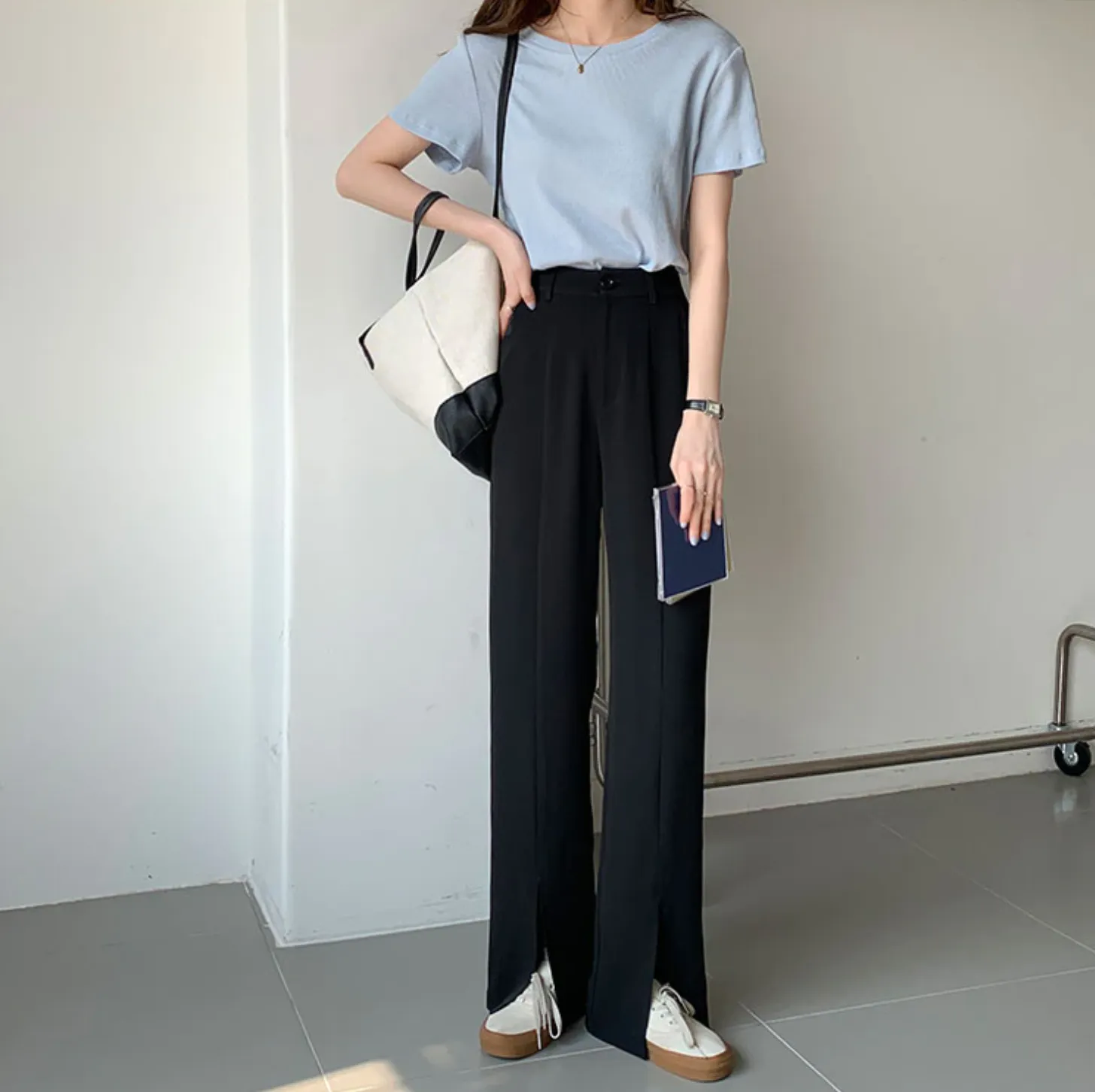 [Korean Style] Bleton High Waist Wide Leg Slit Trouser