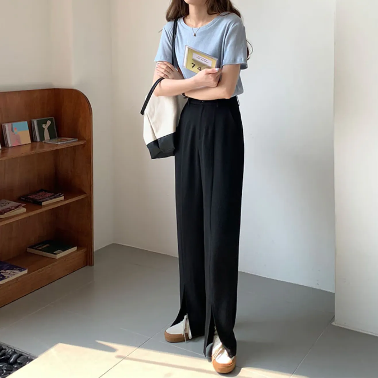 [Korean Style] Bleton High Waist Wide Leg Slit Trouser