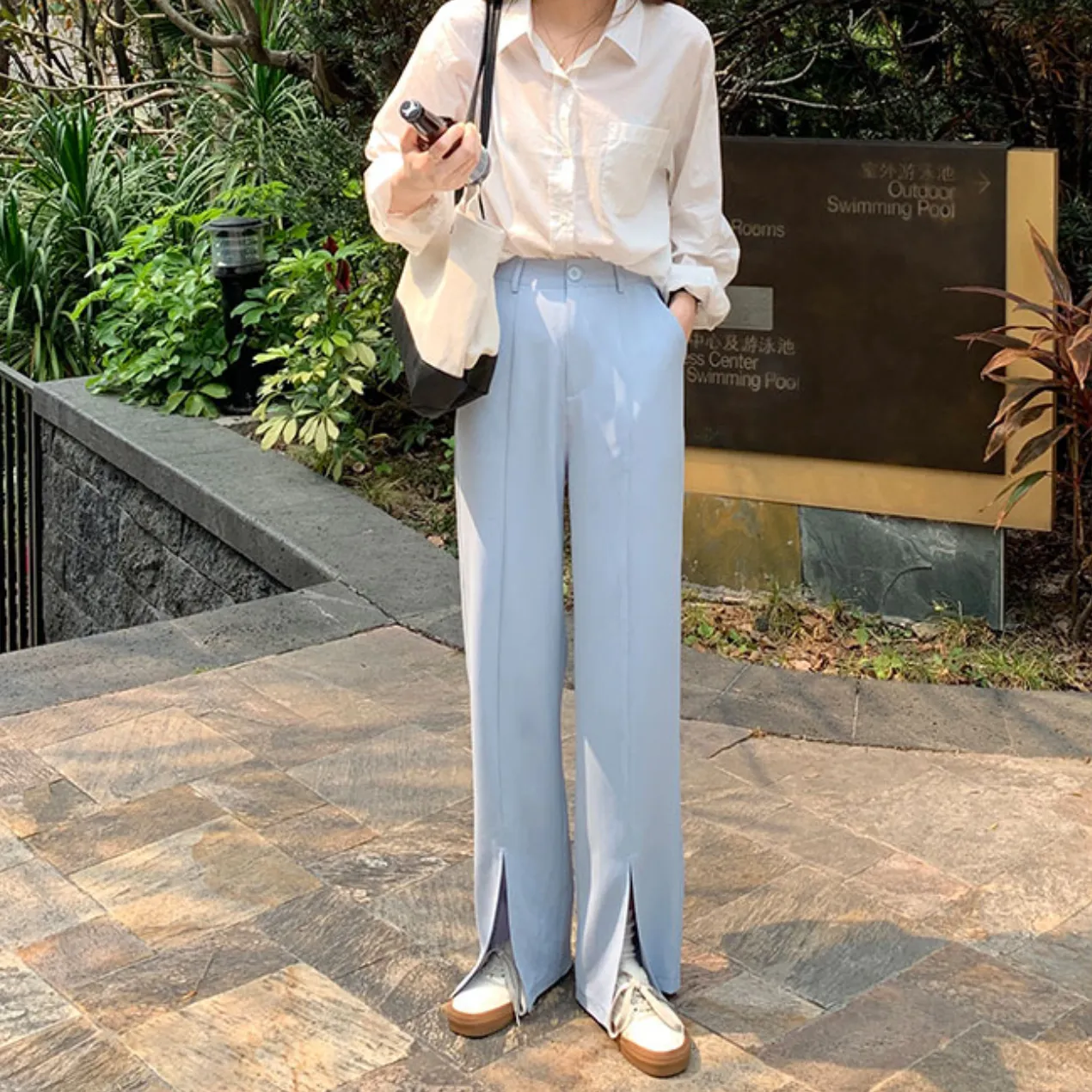 [Korean Style] Bleton High Waist Wide Leg Slit Trouser