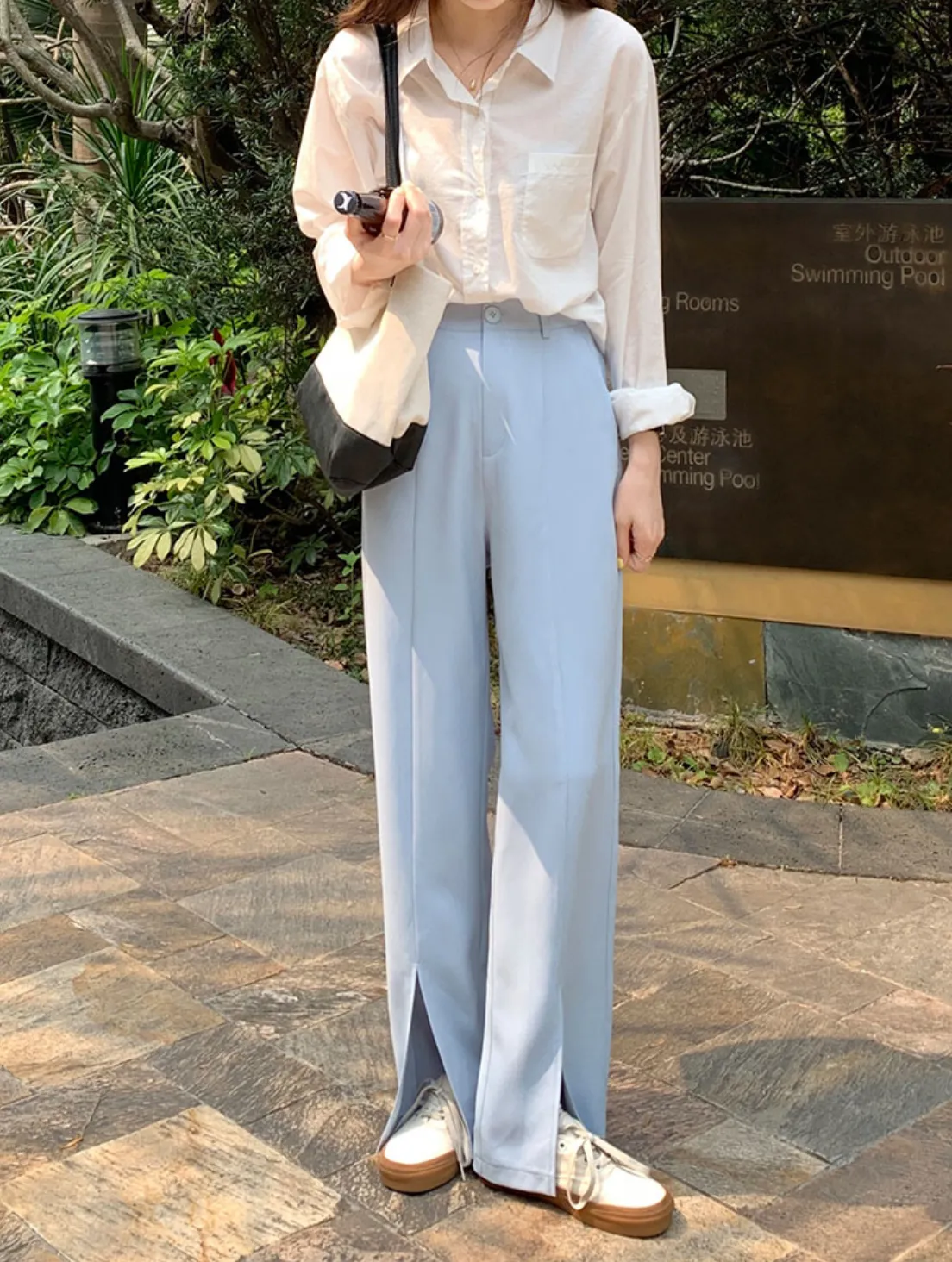 [Korean Style] Bleton High Waist Wide Leg Slit Trouser