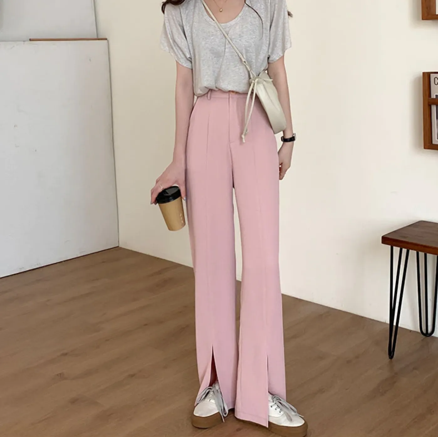 [Korean Style] Bleton High Waist Wide Leg Slit Trouser