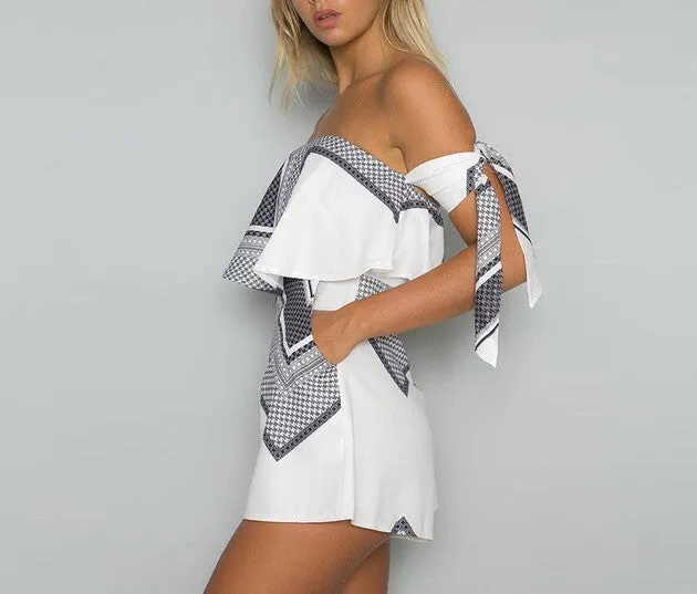 Ladies tie sleeve geo short romper