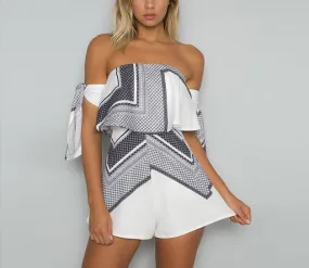 Ladies tie sleeve geo short romper