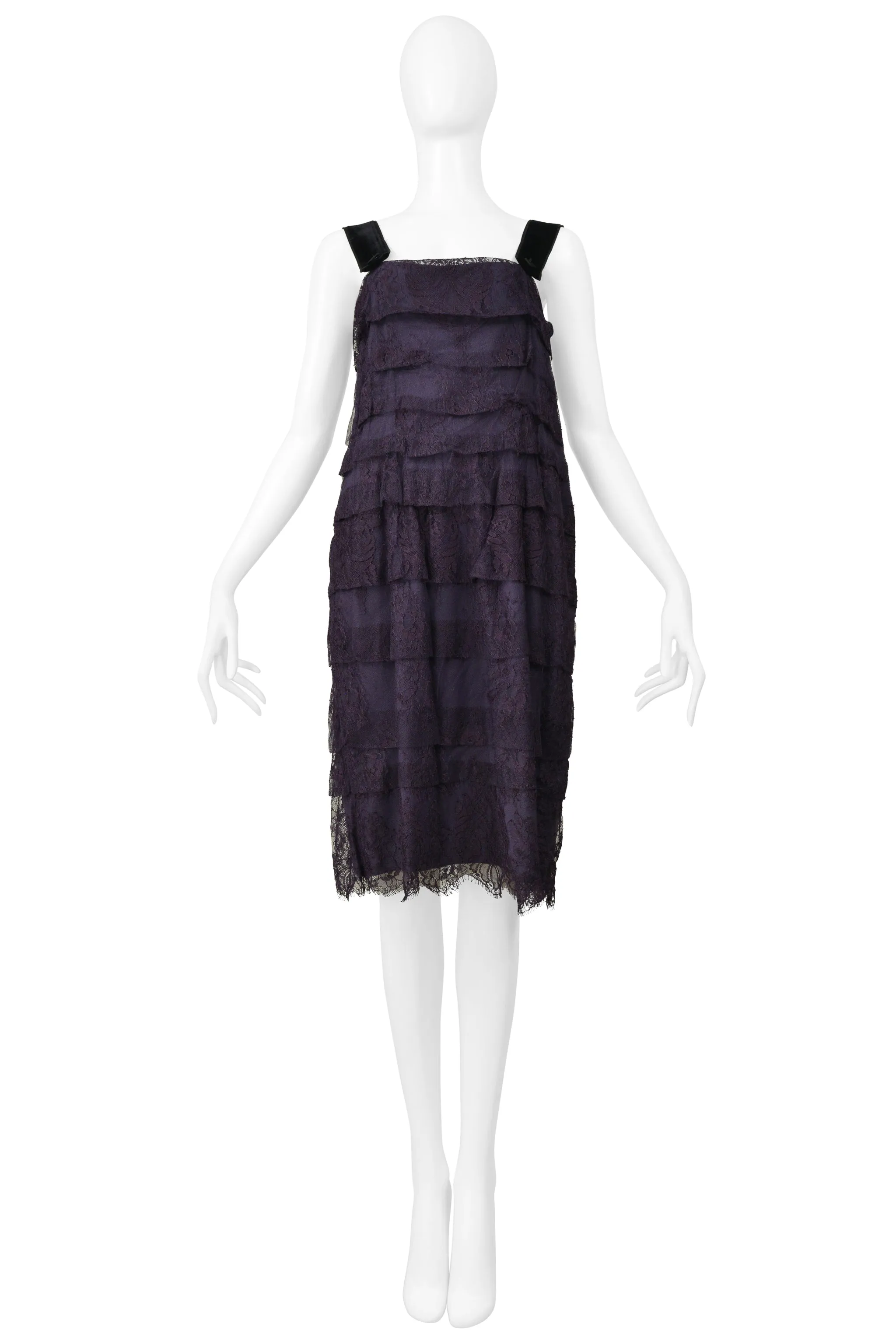 LANVIN BLUE LACE SLIP DRESS WITH VELVET STRAPS & SATIN BUTTONS 2006