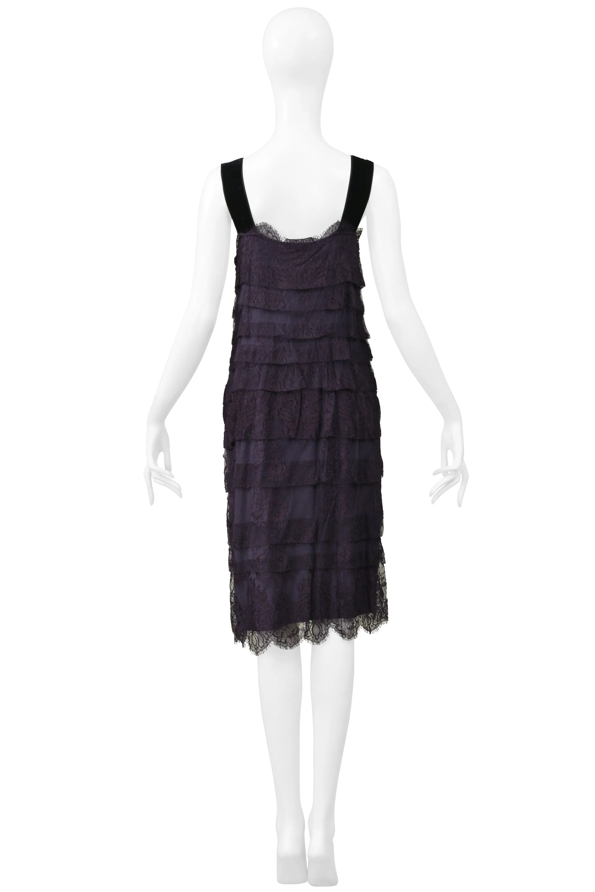 LANVIN BLUE LACE SLIP DRESS WITH VELVET STRAPS & SATIN BUTTONS 2006