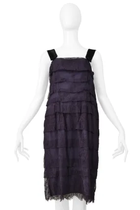 LANVIN BLUE LACE SLIP DRESS WITH VELVET STRAPS & SATIN BUTTONS 2006