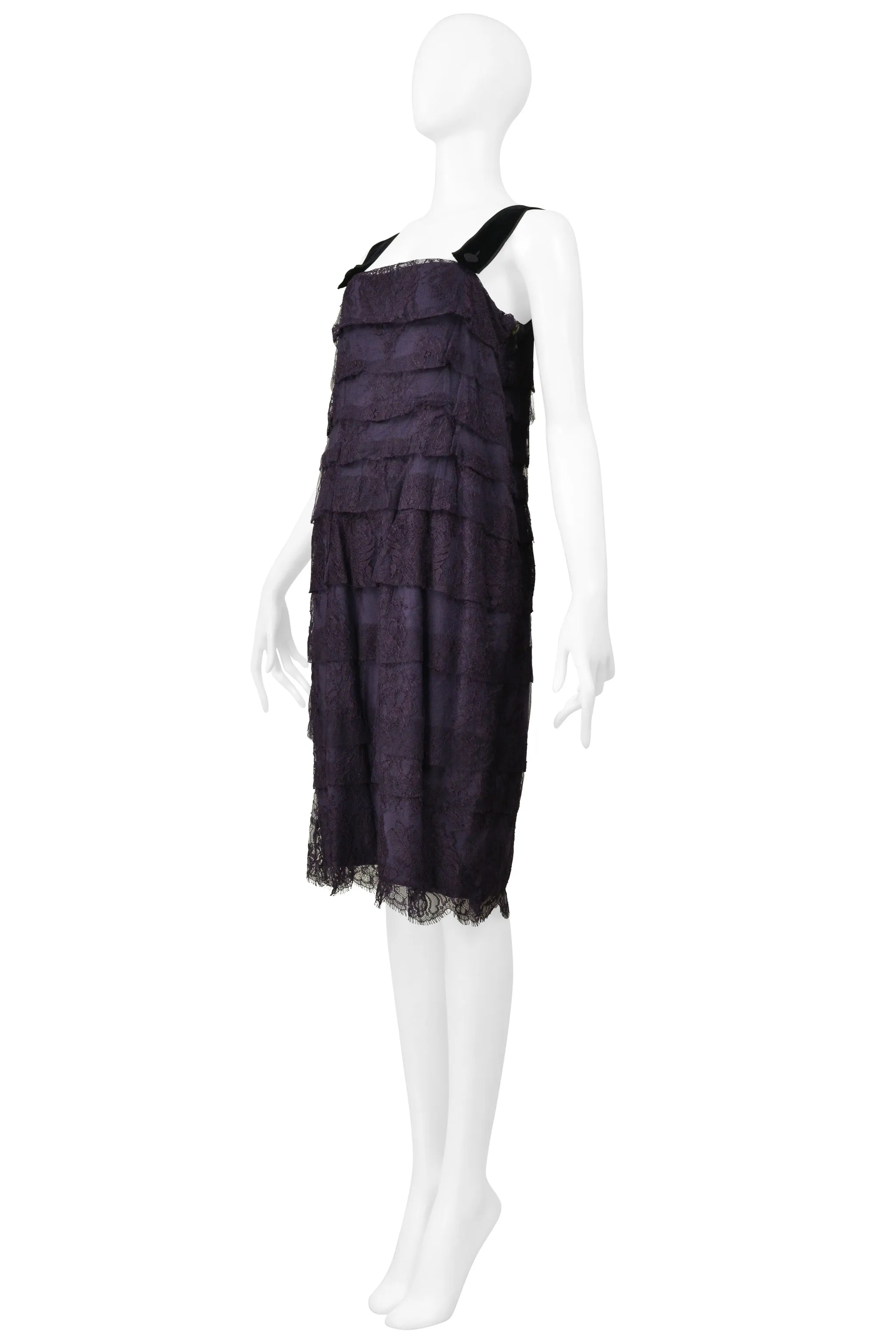 LANVIN BLUE LACE SLIP DRESS WITH VELVET STRAPS & SATIN BUTTONS 2006