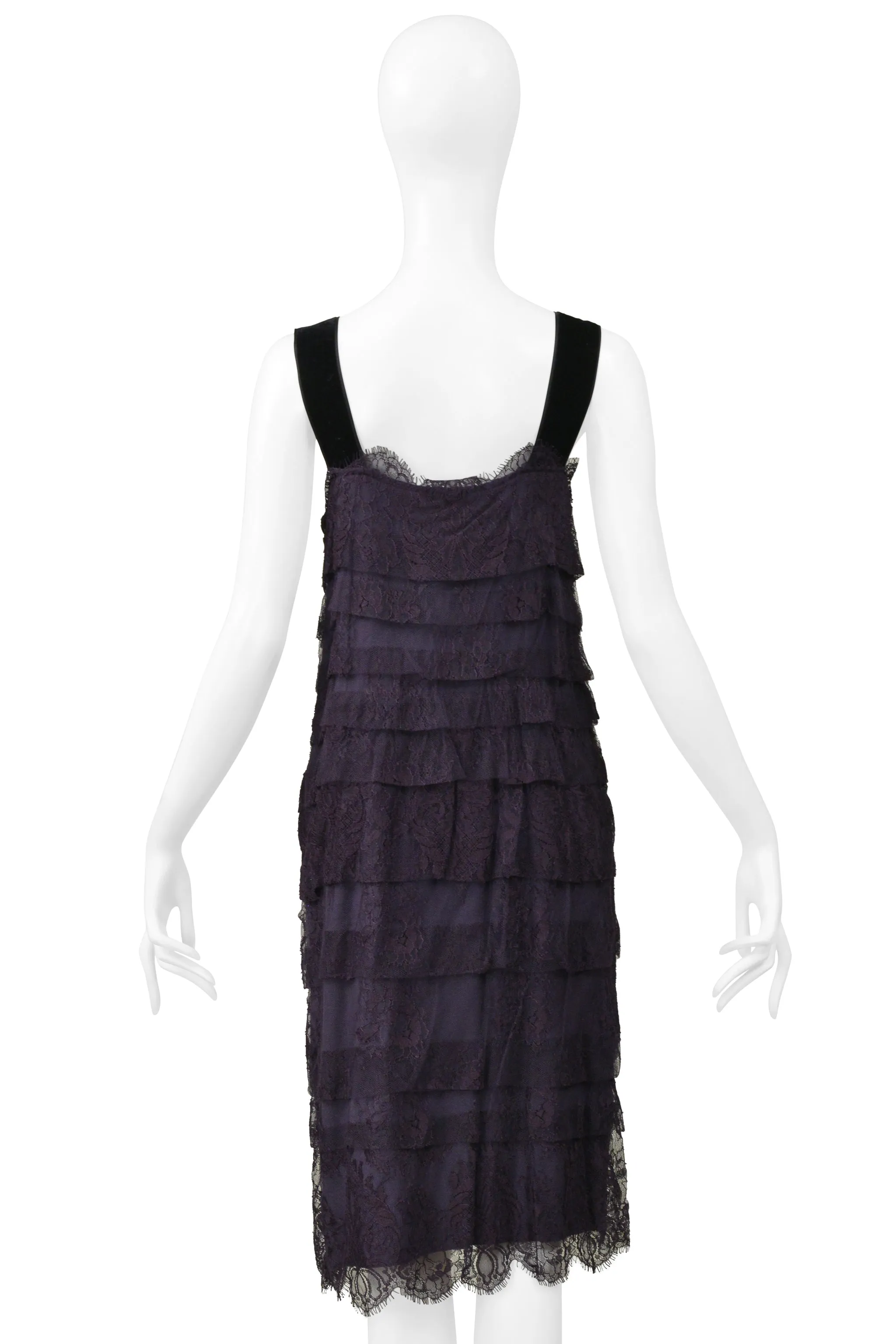 LANVIN BLUE LACE SLIP DRESS WITH VELVET STRAPS & SATIN BUTTONS 2006