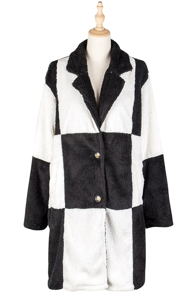 Lapel Collar Color Block Plaid Long Length Fleece Winter Outfits Coat