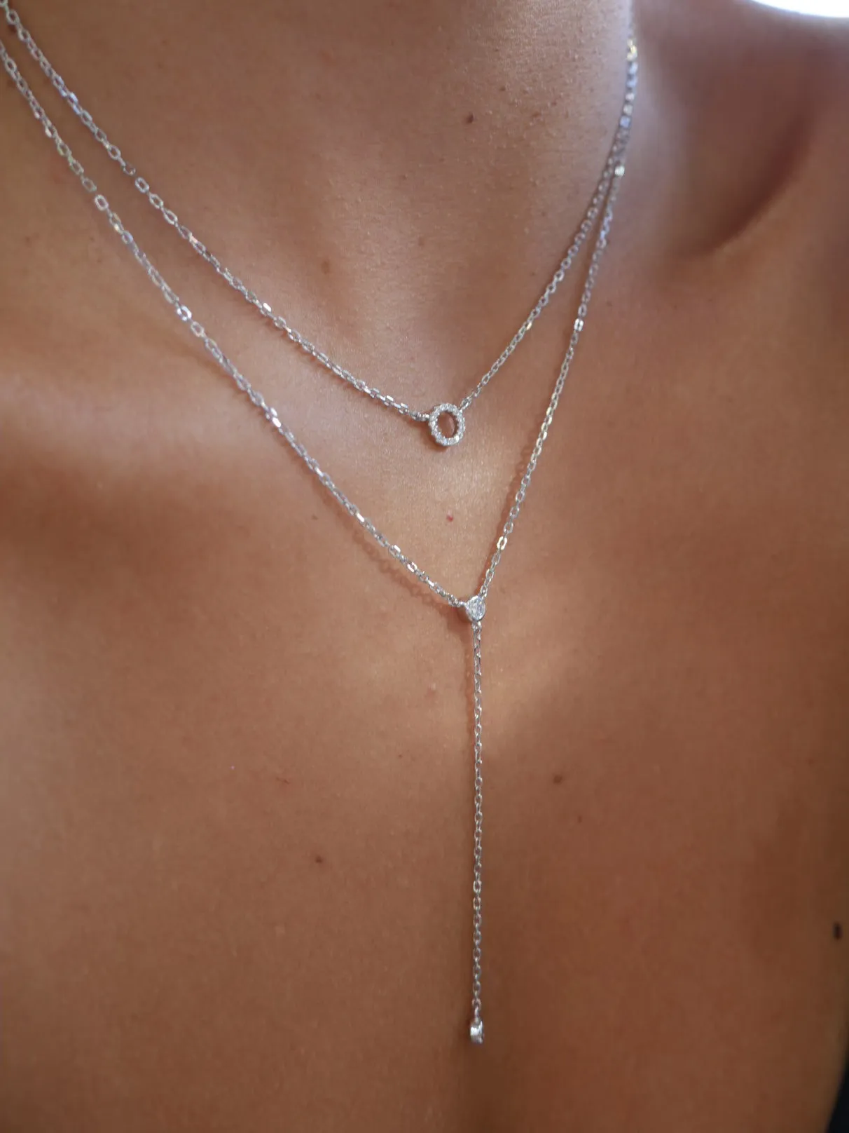 Lariat Silver Necklace, .925 Sterling Silver Diamond Cubic Zirconia, Hypoallergenic Nicole Y Layered 2:1 Double Necklace