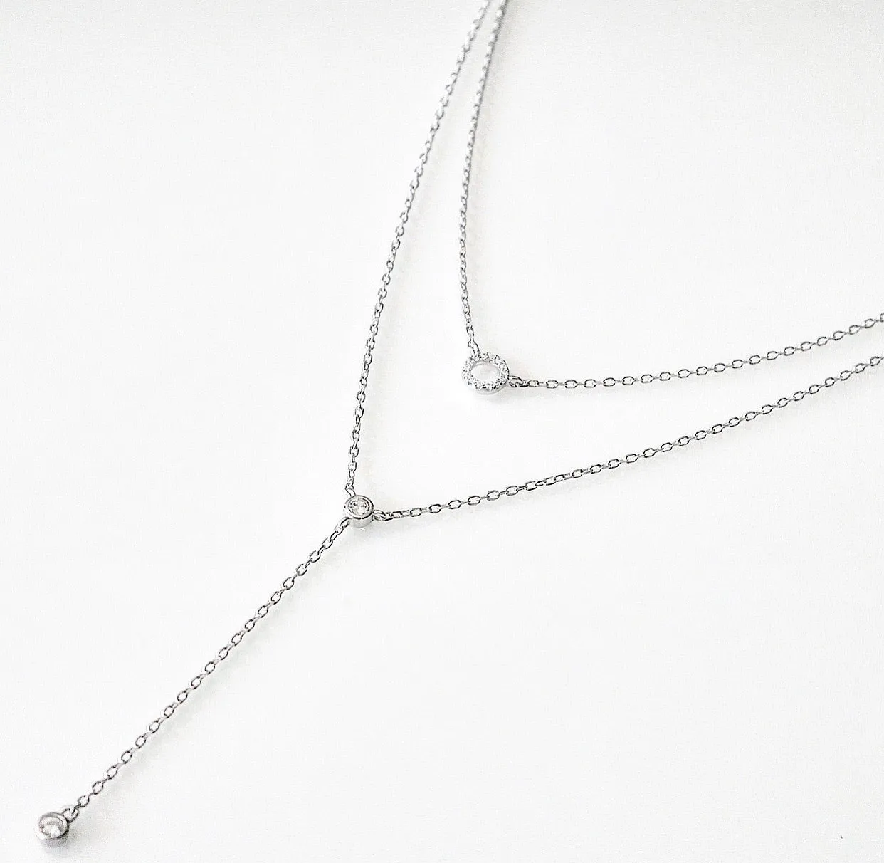 Lariat Silver Necklace, .925 Sterling Silver Diamond Cubic Zirconia, Hypoallergenic Nicole Y Layered 2:1 Double Necklace