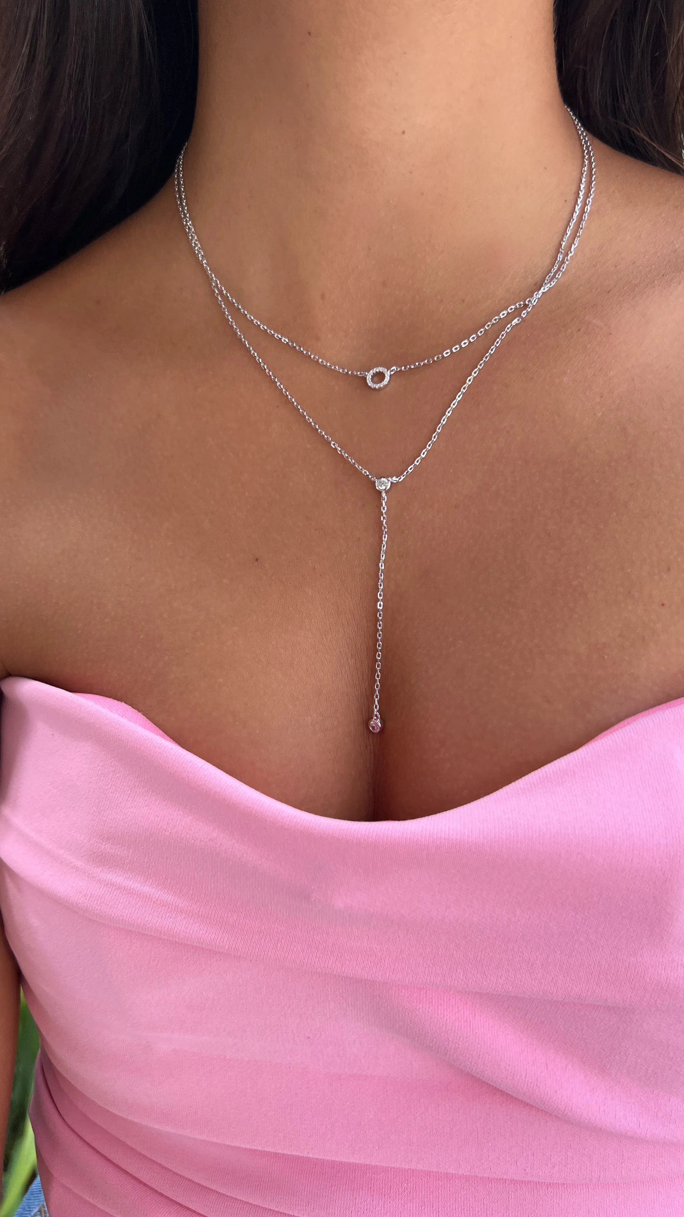 Lariat Silver Necklace, .925 Sterling Silver Diamond Cubic Zirconia, Hypoallergenic Nicole Y Layered 2:1 Double Necklace