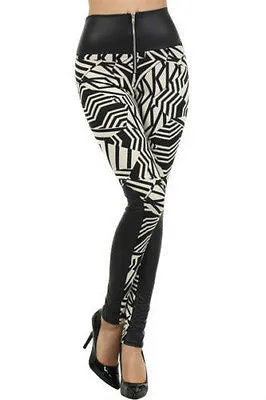 Leggings High Waist Faux Leather Matte Tribal Geometric Zipper Pant