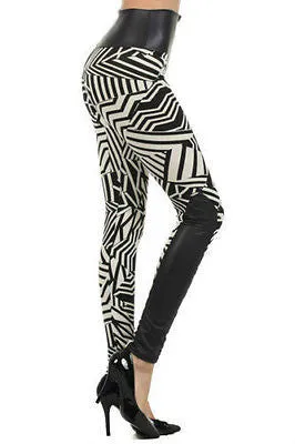 Leggings High Waist Faux Leather Matte Tribal Geometric Zipper Pant