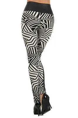 Leggings High Waist Faux Leather Matte Tribal Geometric Zipper Pant