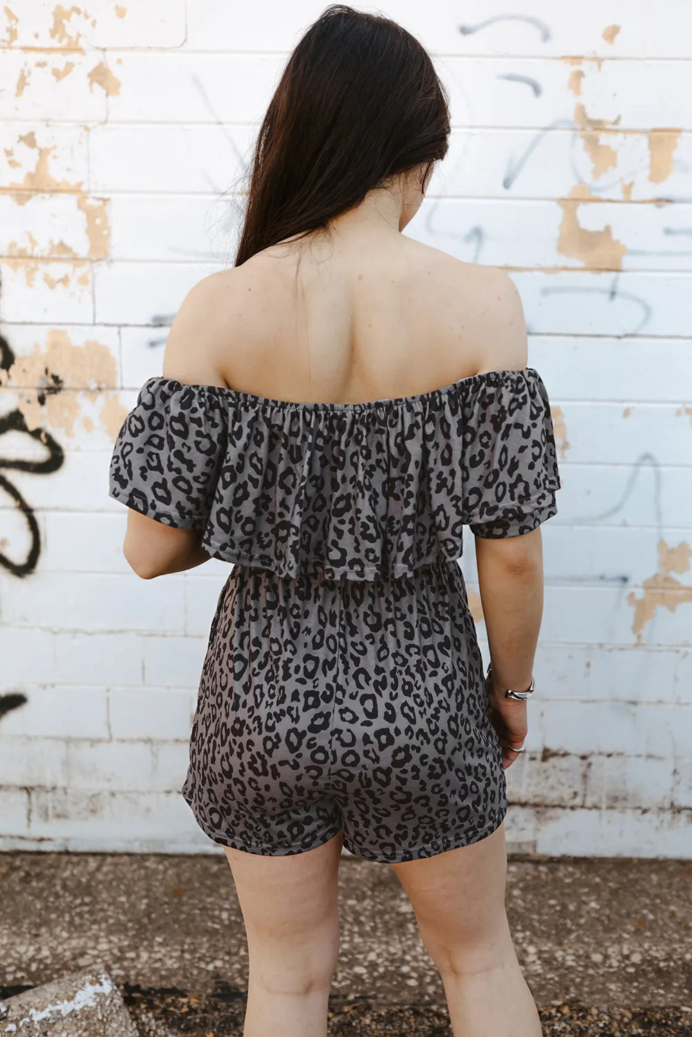 Leopard Off-Shoulder Romper with Pockets