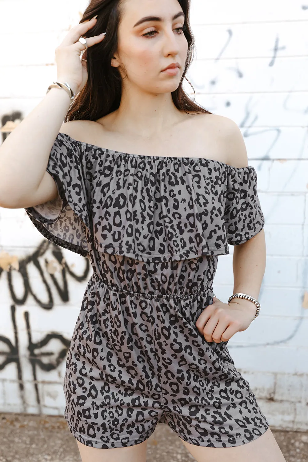 Leopard Off-Shoulder Romper with Pockets