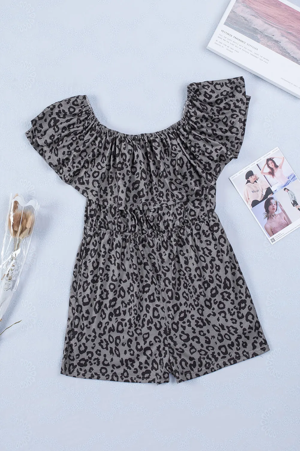 Leopard Off-Shoulder Romper with Pockets