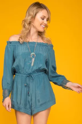 Leyla Eyelet Cuff Romper Teal