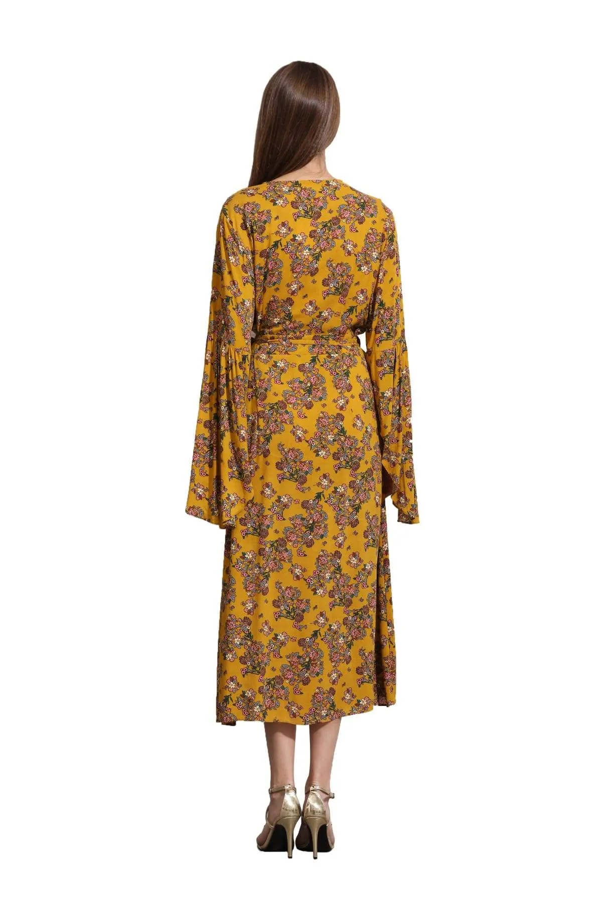 Light Mustard Yellow Angel Sleeve with Pink Bouquets Wrap Dress