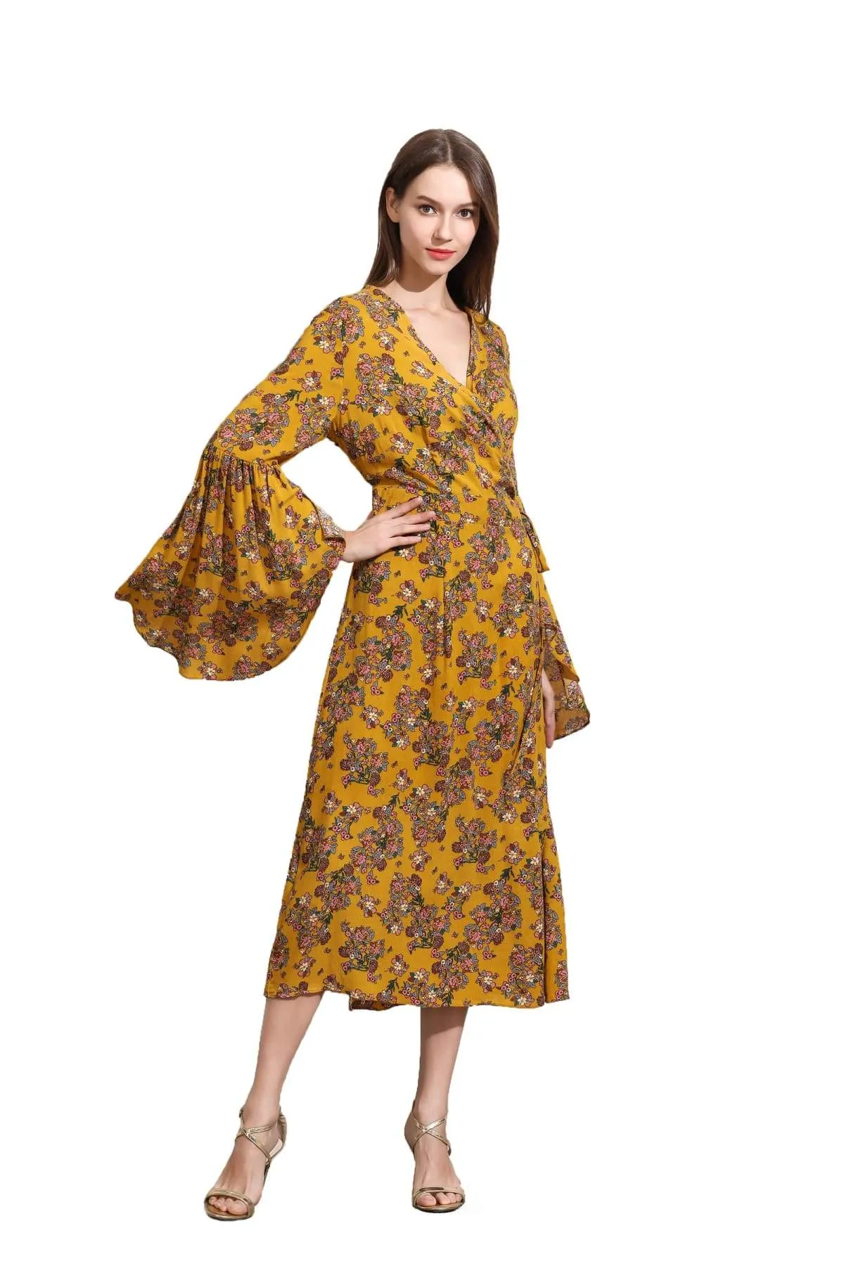 Light Mustard Yellow Angel Sleeve with Pink Bouquets Wrap Dress