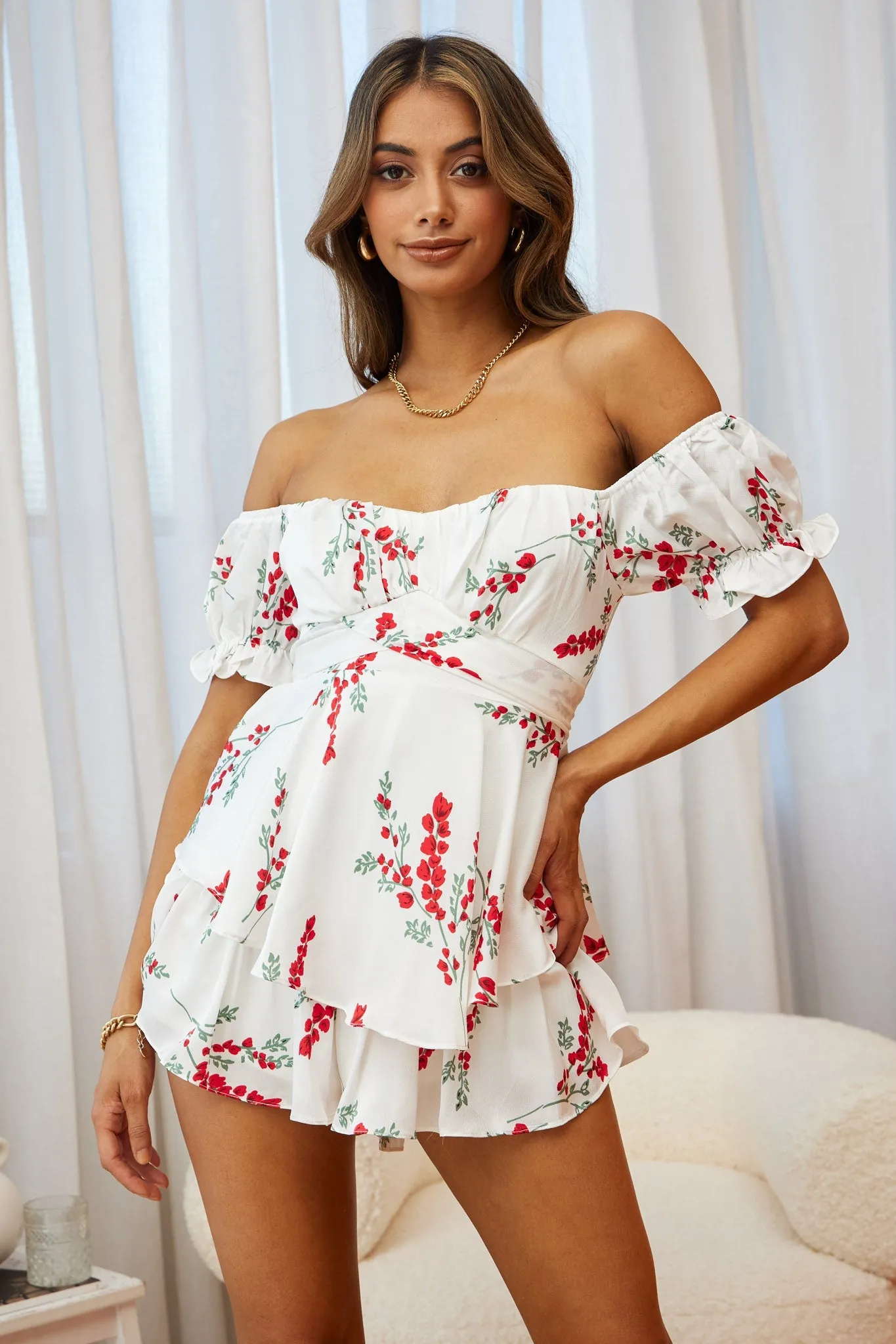 Linka Off-Shoulder Tie Back Romper Floral Spring Print White