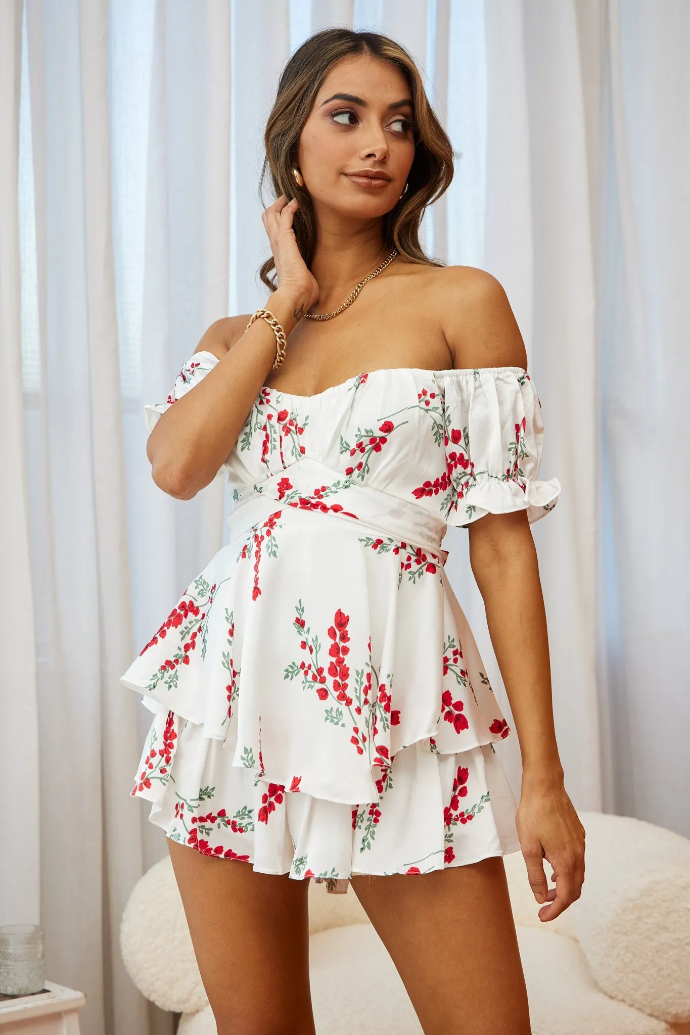 Linka Off-Shoulder Tie Back Romper Floral Spring Print White