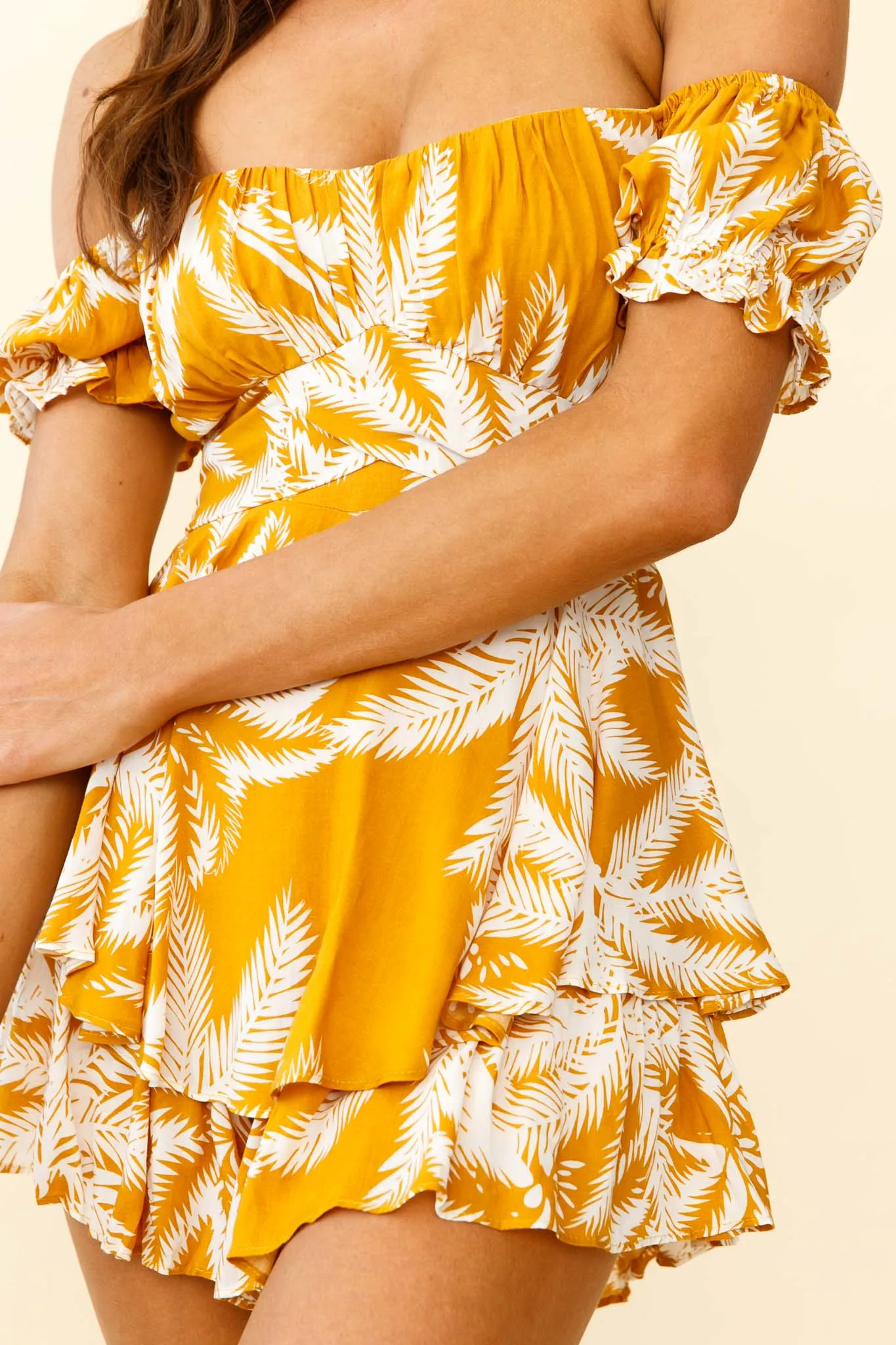 Linka Off-Shoulder Tie Back Romper Palm Print Yellow