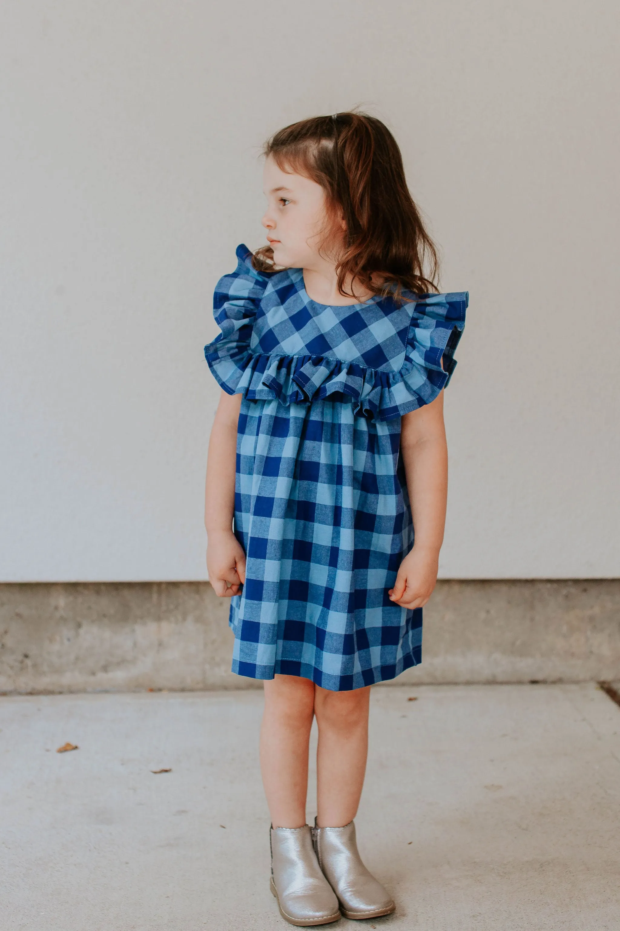 Little Girl's Navy and Blue Plaid Ruffle Collar Cotton Shift Dress