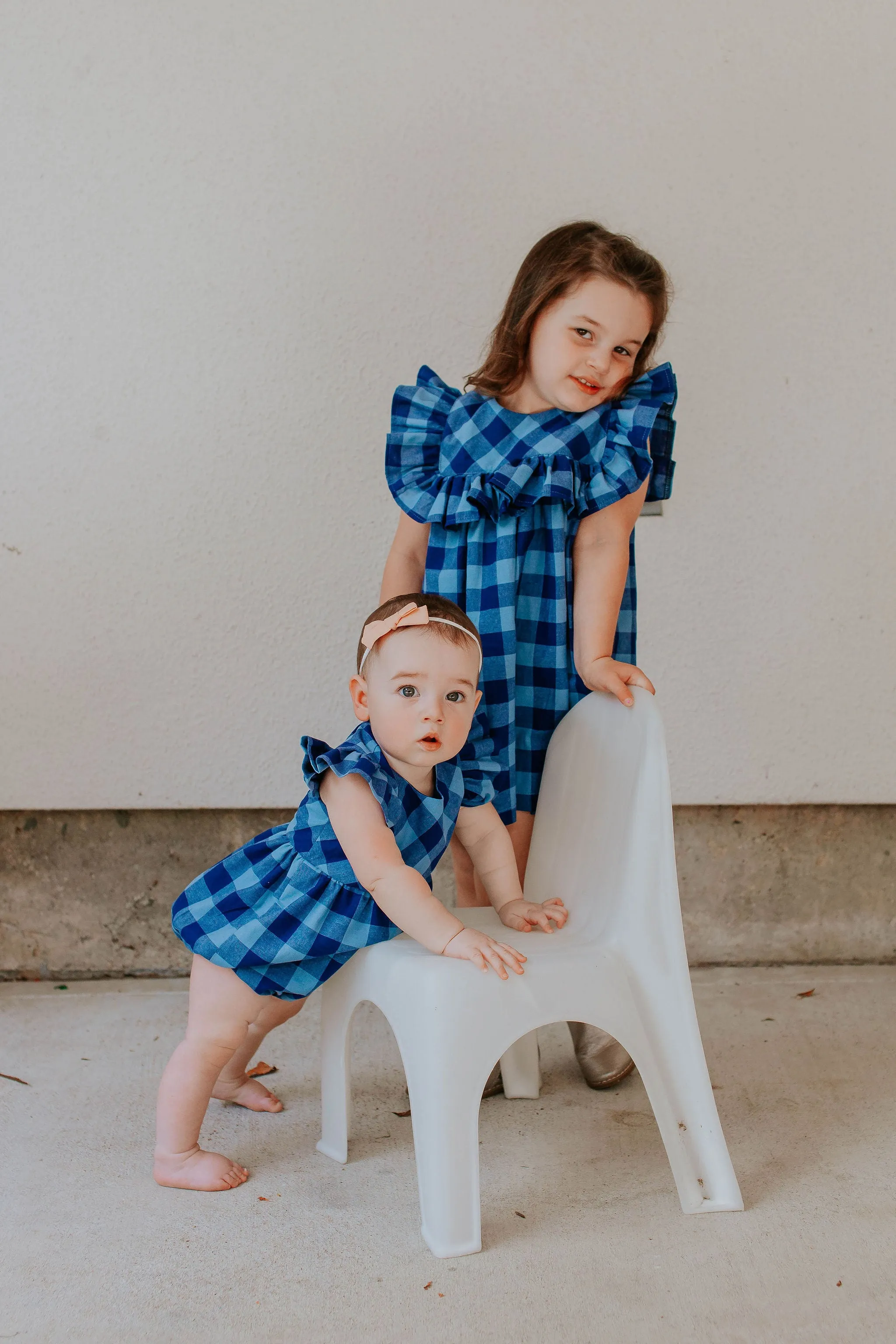 Little Girl's Navy and Blue Plaid Ruffle Collar Cotton Shift Dress