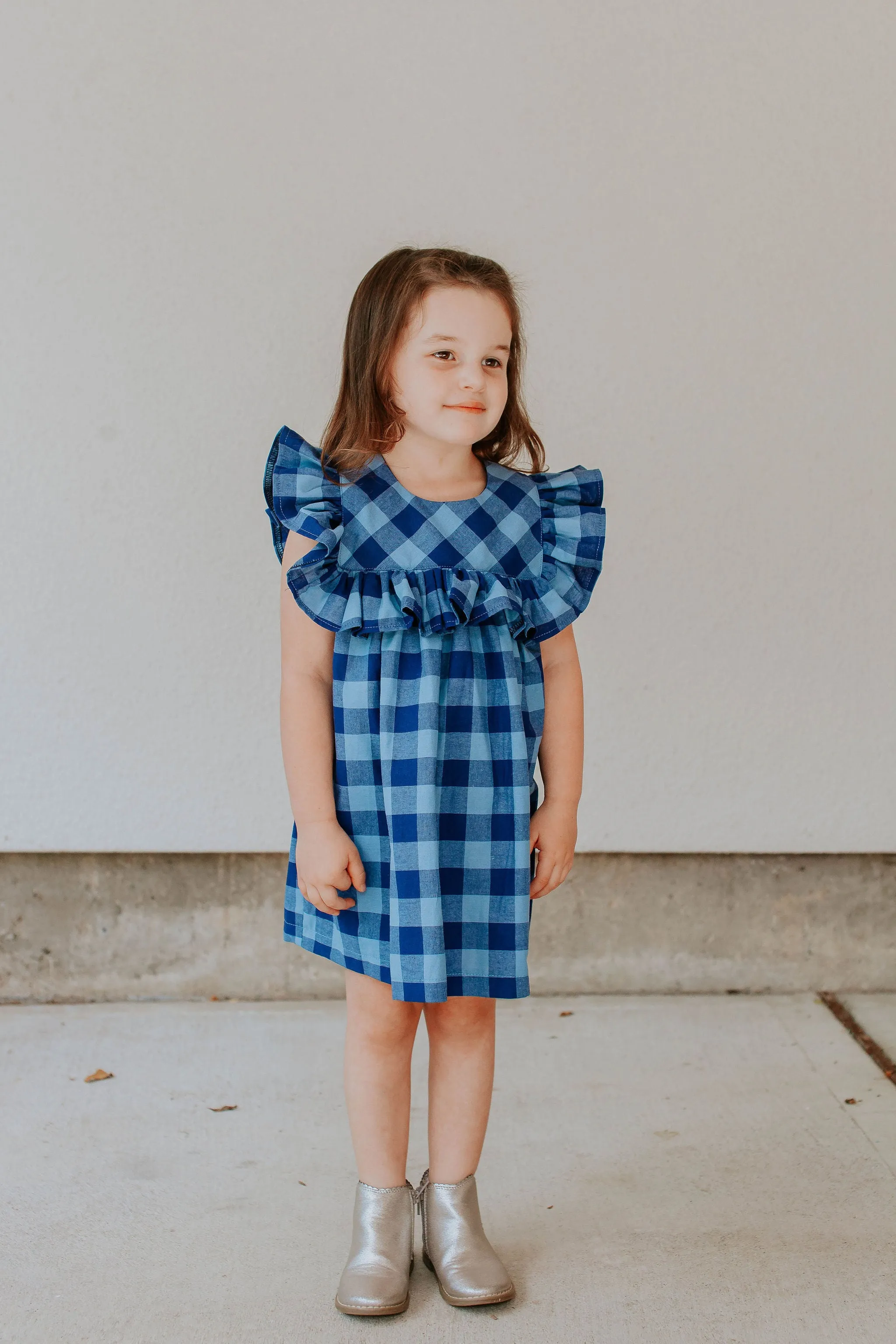 Little Girl's Navy and Blue Plaid Ruffle Collar Cotton Shift Dress