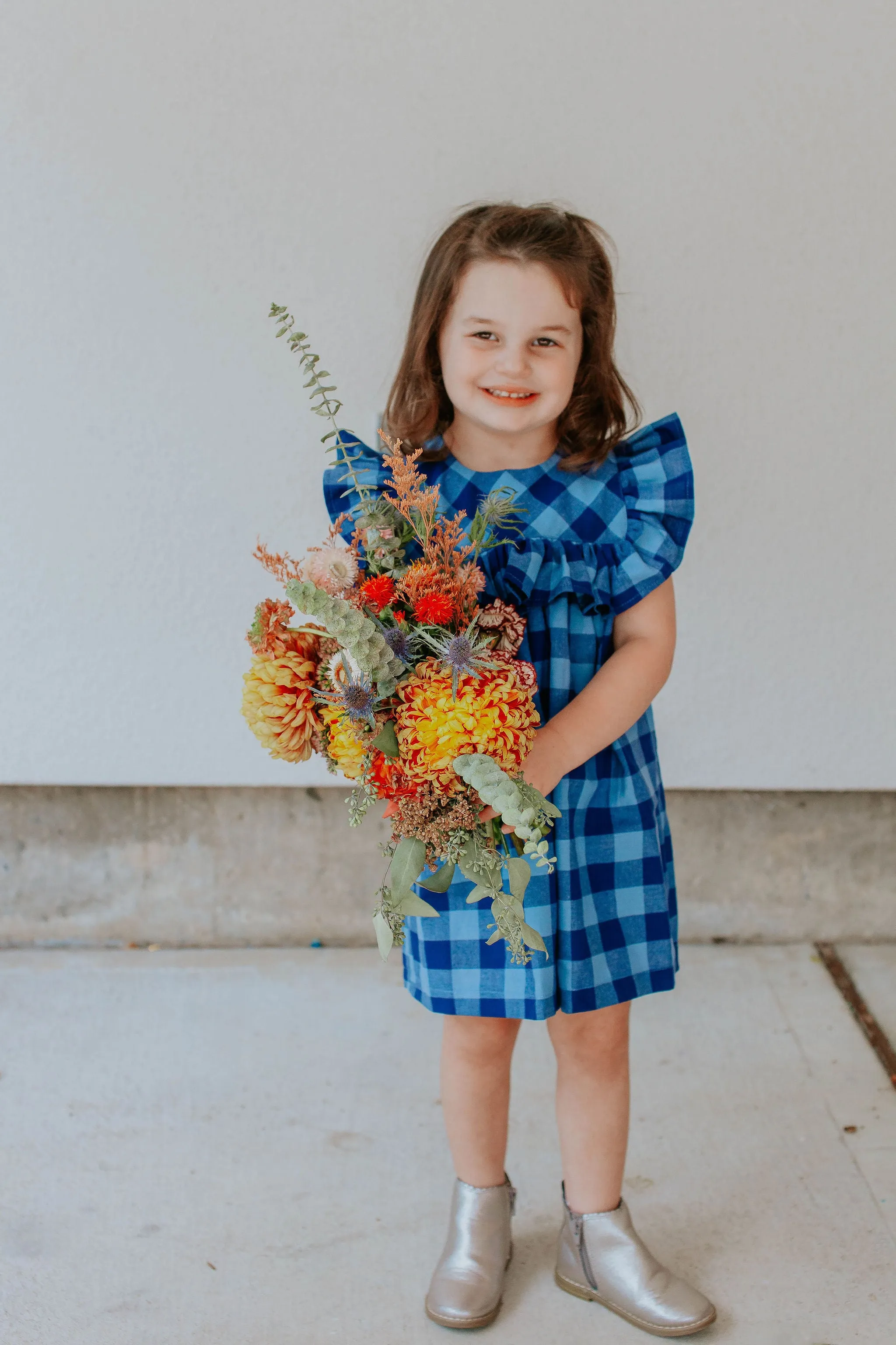 Little Girl's Navy and Blue Plaid Ruffle Collar Cotton Shift Dress