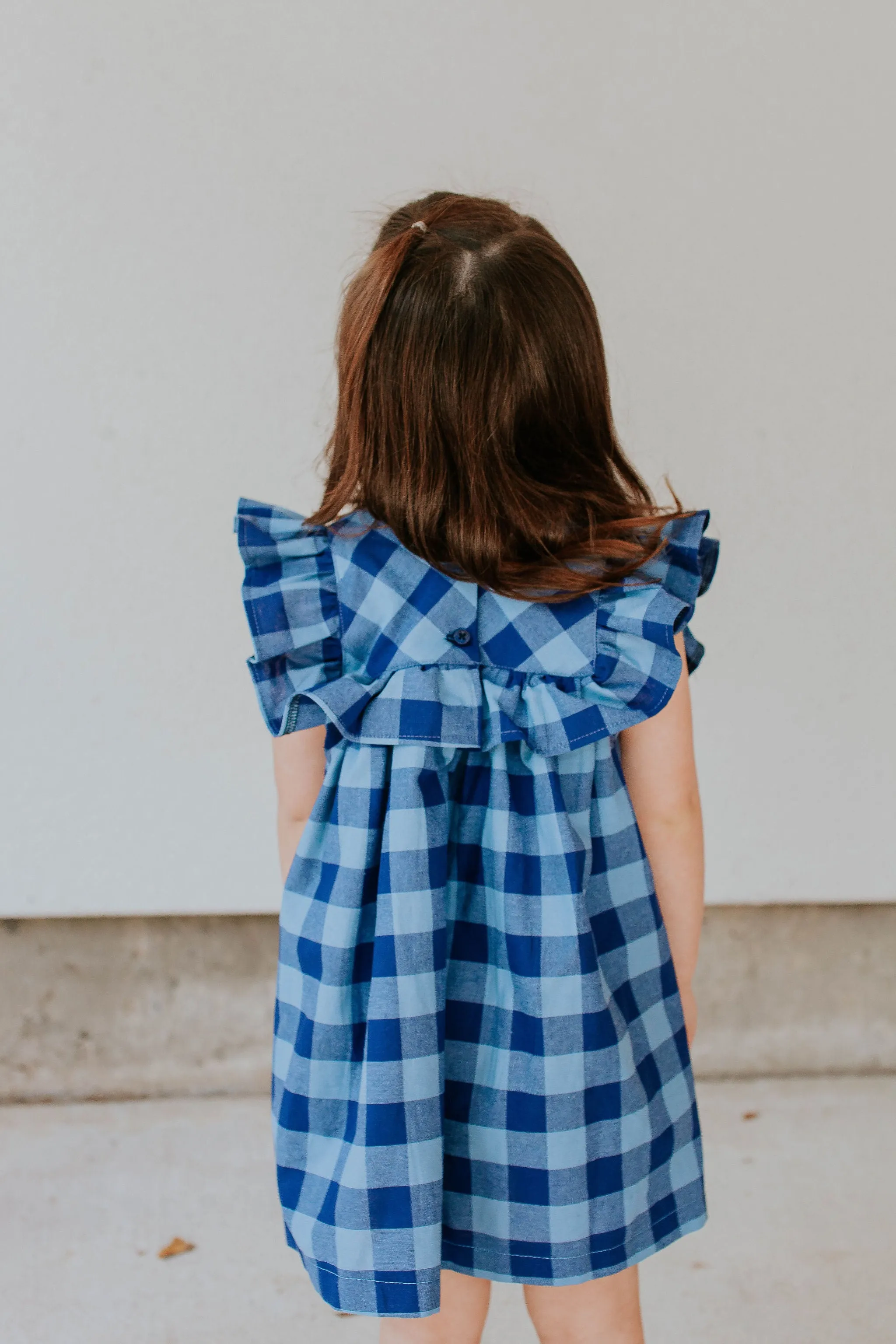 Little Girl's Navy and Blue Plaid Ruffle Collar Cotton Shift Dress