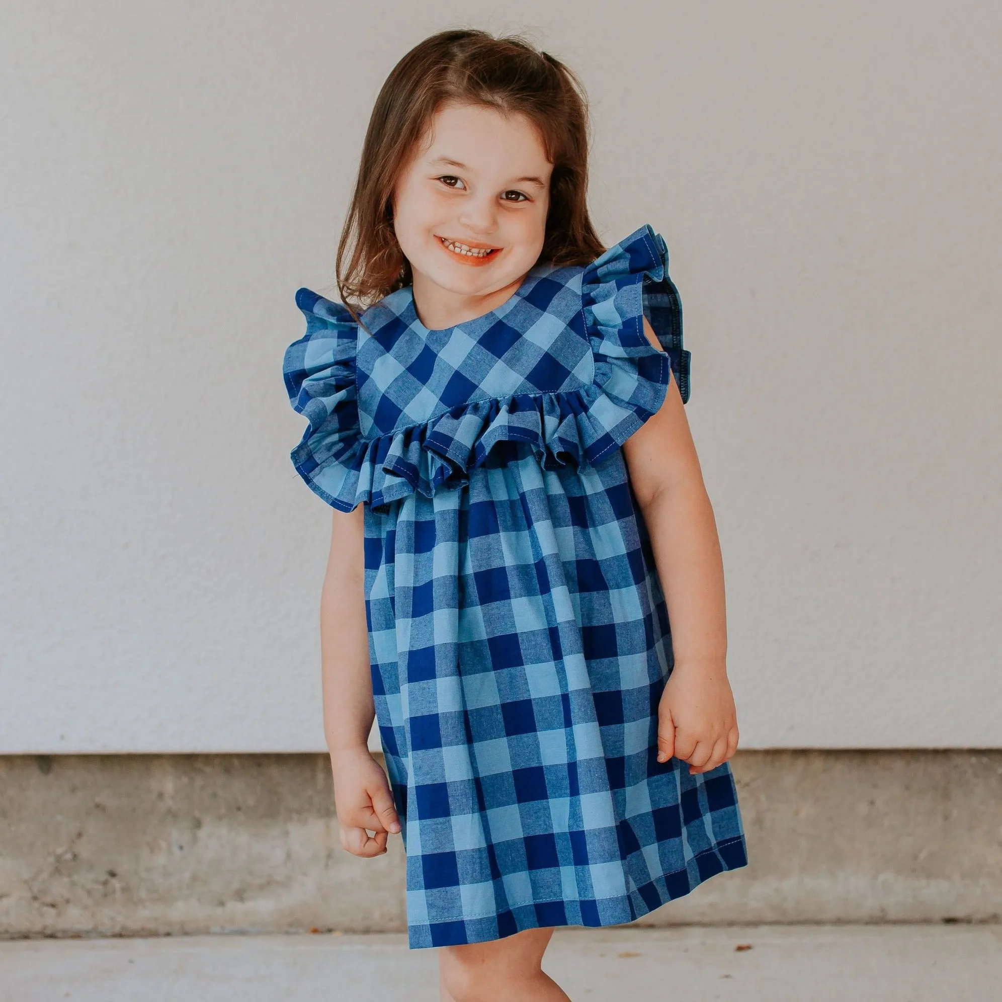 Little Girl's Navy and Blue Plaid Ruffle Collar Cotton Shift Dress