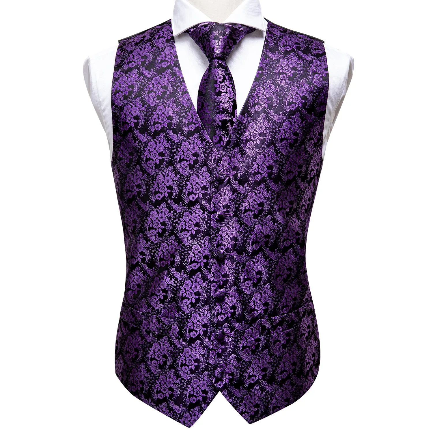 Luxury Purple Paisley Jacquard Silk Men's Vest Hanky Cufflinks Tie Set