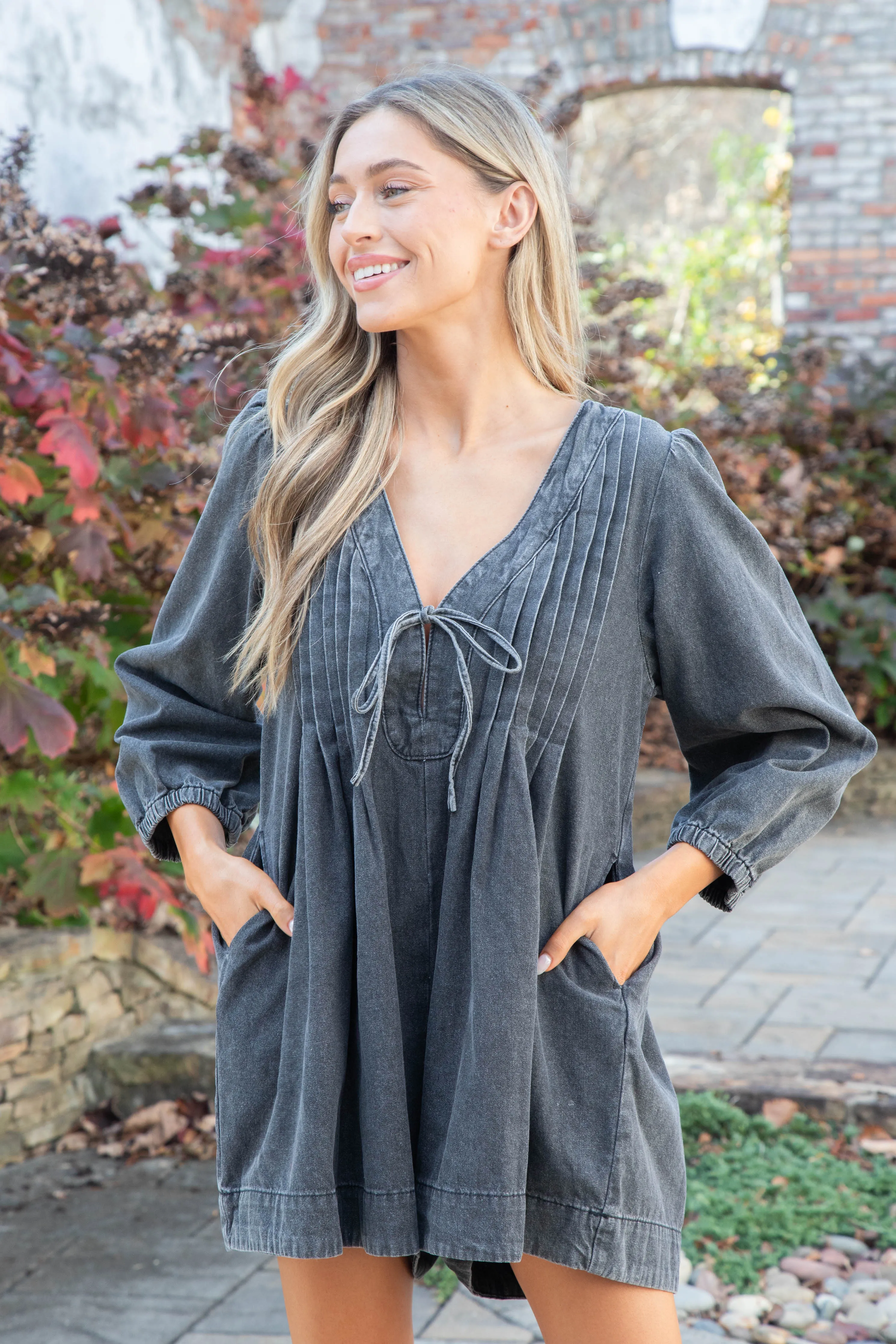 Mallorie Pleated Denim Romper, Grey