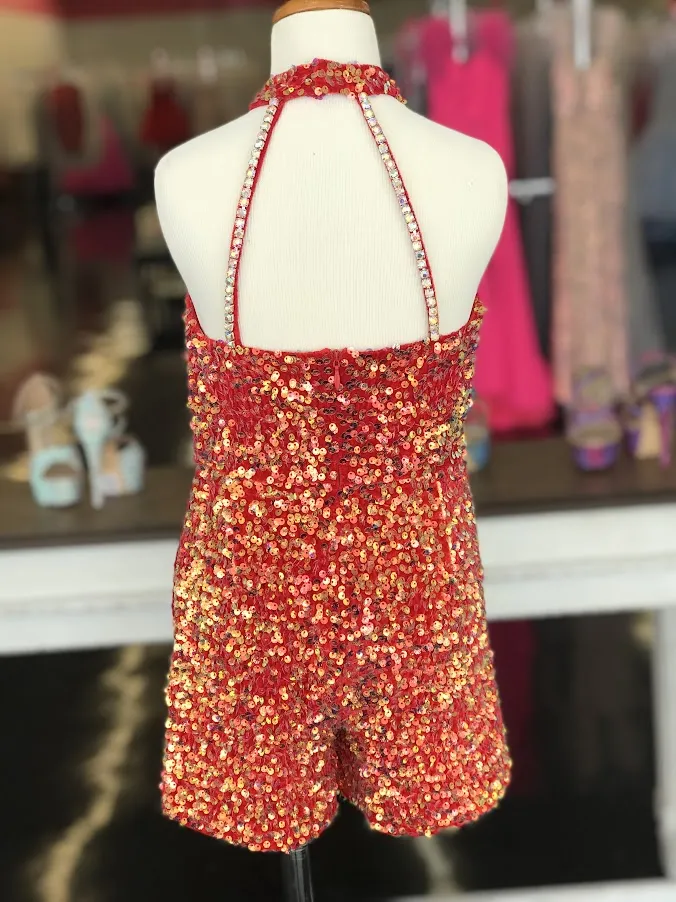 Marc Defang 5033 Size 4 RED Short Girls sequin Pageant Romper high neck fun fashion