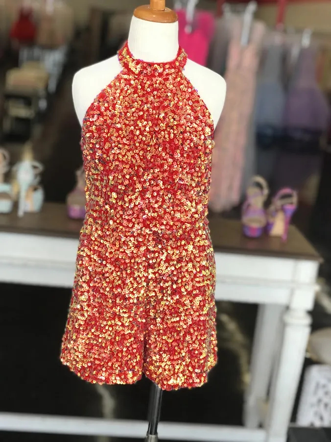 Marc Defang 5033 Size 4 RED Short Girls sequin Pageant Romper high neck fun fashion