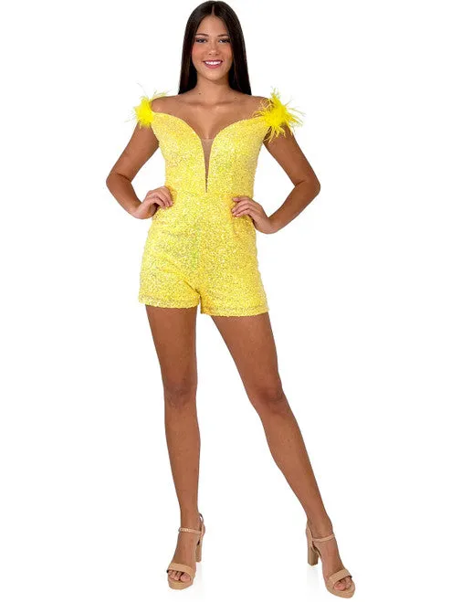 Marc Defang 8252 Size 4 Yellow Short Sequin Pageant Romper off the shoulder feather v neck fun fashion