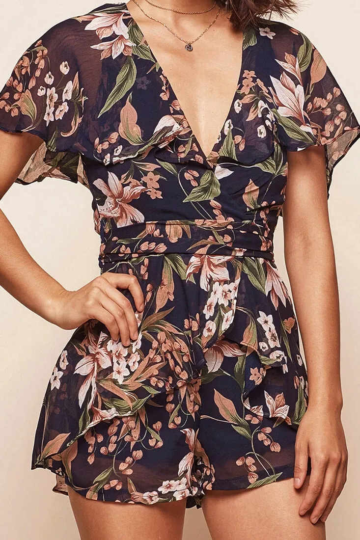 Marissa Batwing Sleeve Floral Romper Navy