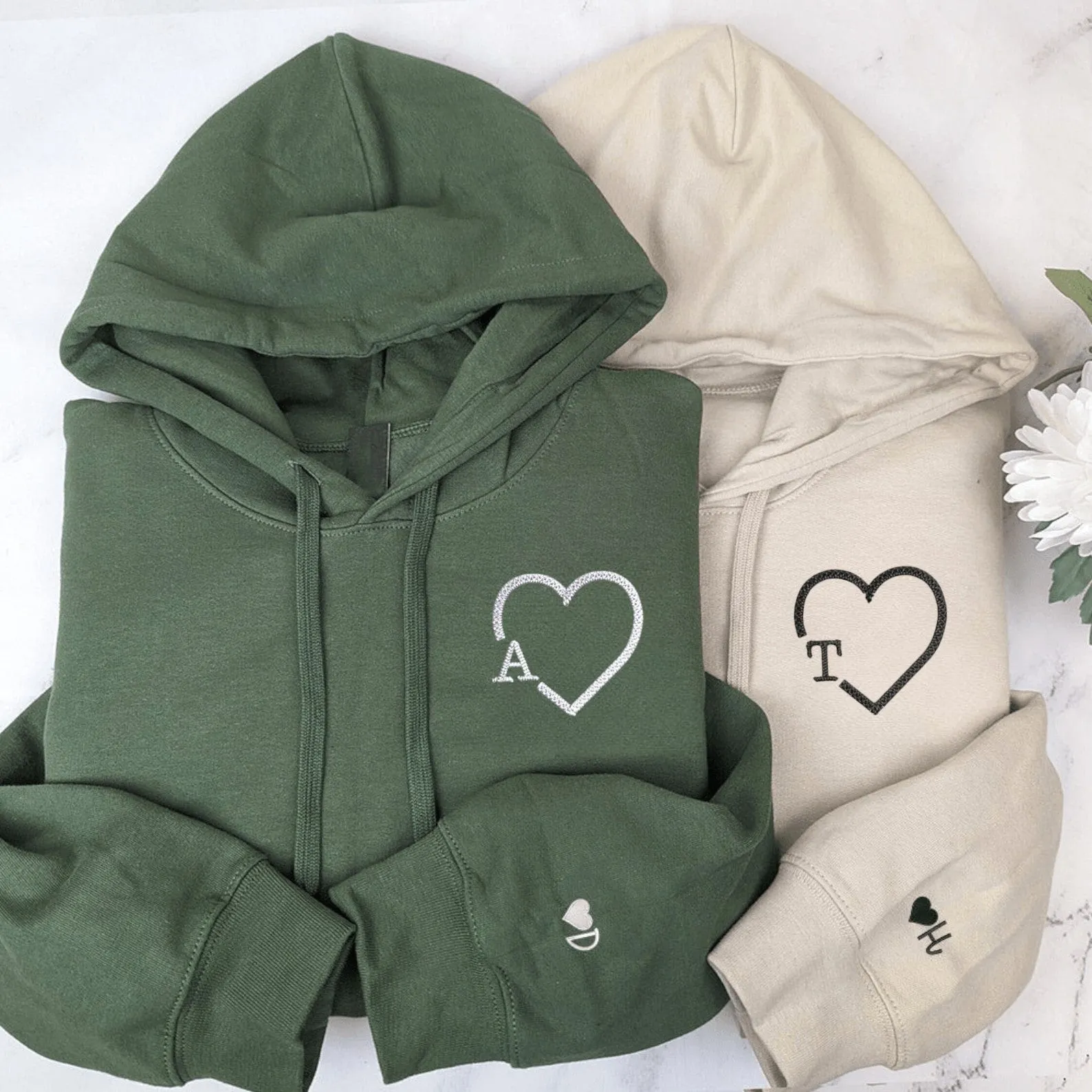 Matching Couple Hoodies - Heart Initials Couple Custom Embroidered Sweatshirts For Couples