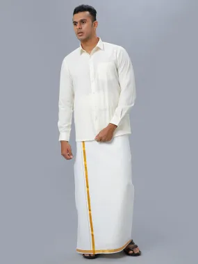 Men Full Sleeves Cream Shirt with Gold Jari 1/2" inch Double Dhoti Combo