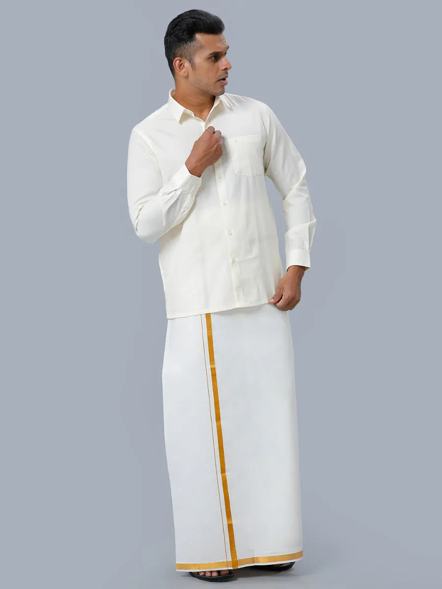 Men Full Sleeves Cream Shirt with Gold Jari 1/2" inch Double Dhoti Combo