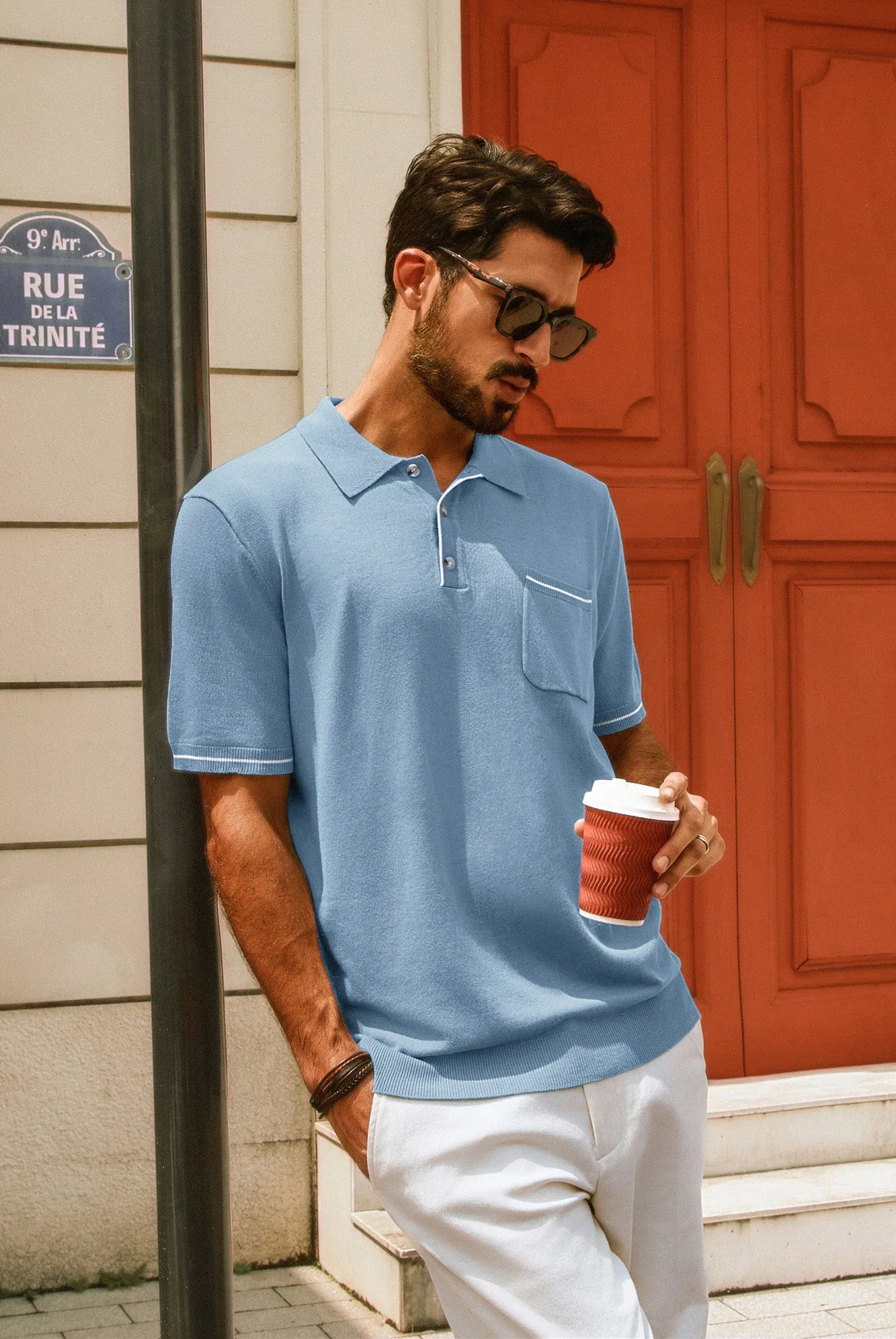 Men Knitted Polo-Shirt Short Sleeve Lapel Collar Button-up Neck Tops Knitwear