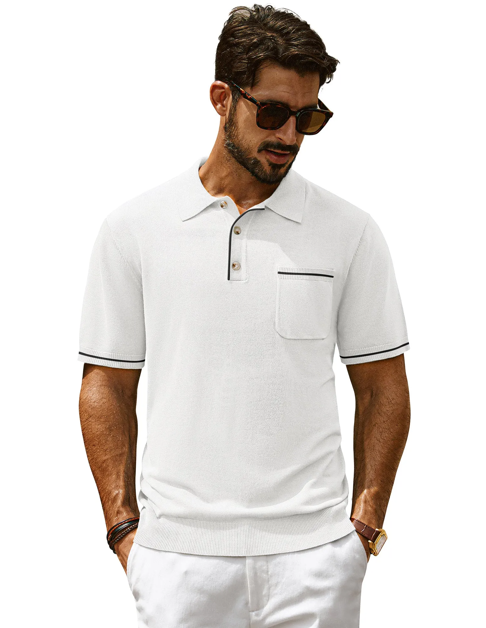 Men Knitted Polo-Shirt Short Sleeve Lapel Collar Button-up Neck Tops Knitwear