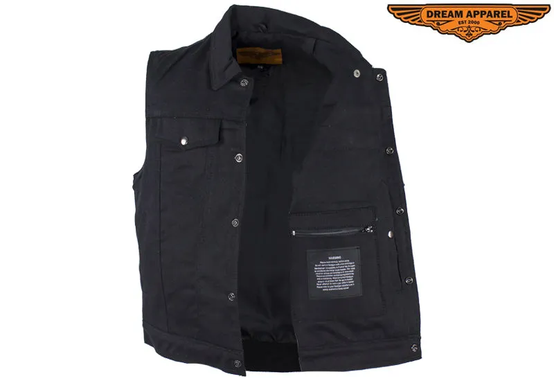 Mens Black Denim Motorcycle Vest With Buttoned Front Closure